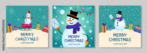 Color Christmas cards. postman snowman and snowflakes