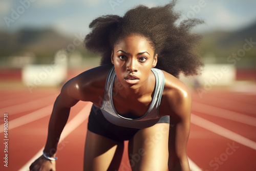 Woman in athletic attire, prepared to start running on track. Suitable for sports and fitness themes.