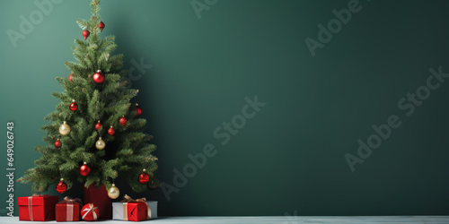 Green Christmas tree and presents on green background photo