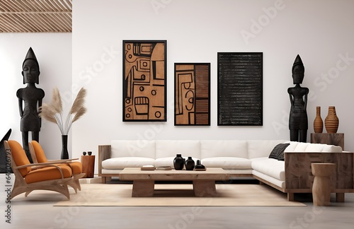 Dogon Art Influence: Earthy Living Room with Brown Wooden Furniture, Afro-Colombian Themes, White Couch