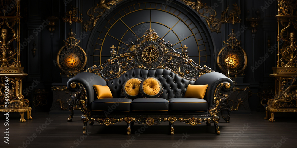 Exclusive Wohnzimmergarnitur Couch aus Leder im edlen modernsten Design in Top aktuellen Farben mit wunderschöner Kulisse in Querfomat als Banner, ai, generativ 