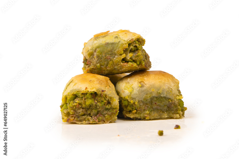 Turkish pistachio baklava isolated on white background. Turkish pistachio baklava isolated on white background.