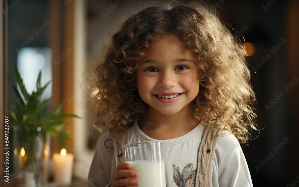 Cute little girl kid holding a cup of milk, feel happy enjoy drinking