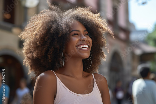 Woman with big afro is captured in joyful moment. This image can be used to portray happiness, confidence, and natural beauty.