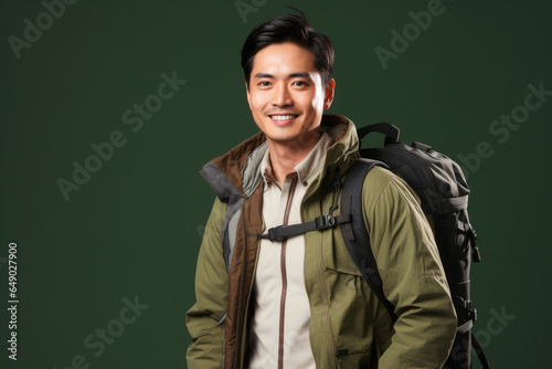 Man is seen posing for picture while carrying backpack. This image can be used to illustrate adventure, travel, or outdoor activities.