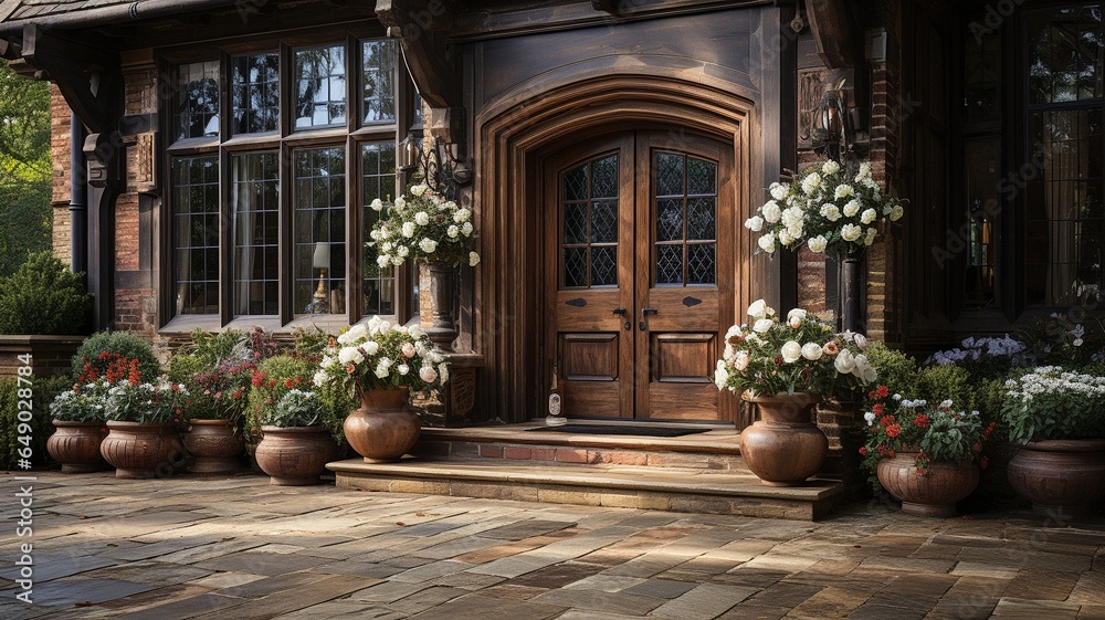 a mansion with a wooden door and flowers in front of it. High quality photo