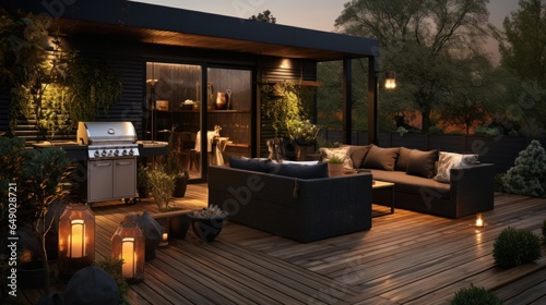 A black outdoor kitchen with plants on the deck