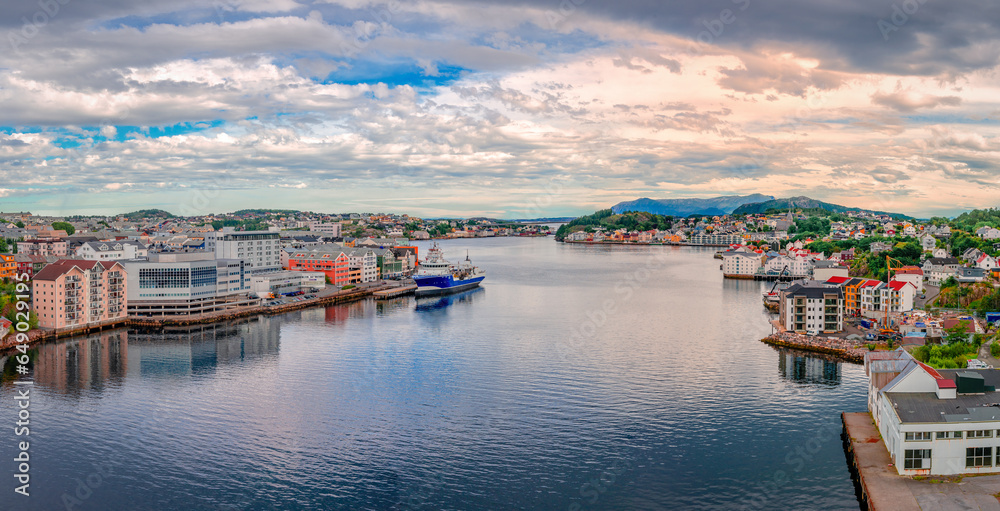Panorama of Kristiansund, Norway, seen from Sorsund Bridge. Kirkelandet is on the left and Innlandet on the right.
