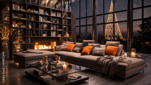 Modern interior in high tech style with panoramic window