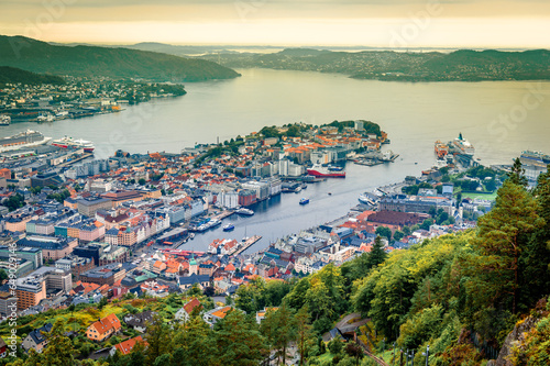 Panorama of Bergen, Vestland County, Norway, seen from Mt. Floyen viewpoint. photo