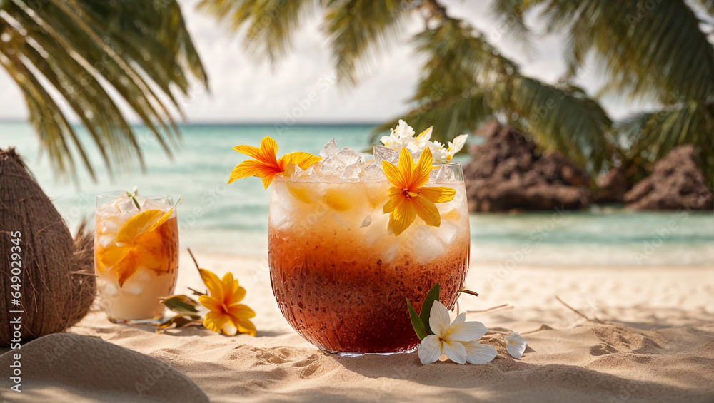 Cocktail, coconut, flowers on the background of the sea, tropical leaves