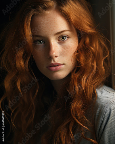 Female Elegance: Close-Up Portrait of a Redhead with Freckles. Generative AI