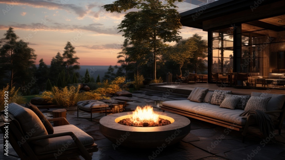 A backyard with a fire pit and a wooden patio - obrazy, fototapety, plakaty 