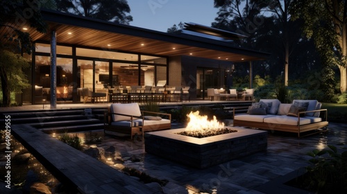 A backyard with a fire pit and a wooden patio