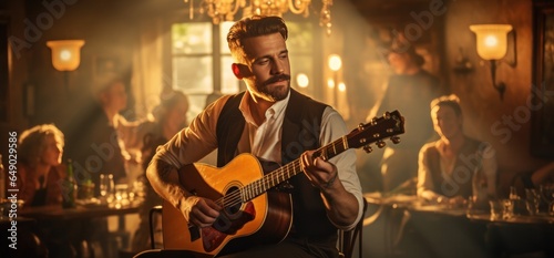 A man playing guitar with musicians