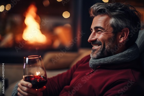 Man by fireplace with glass of wine