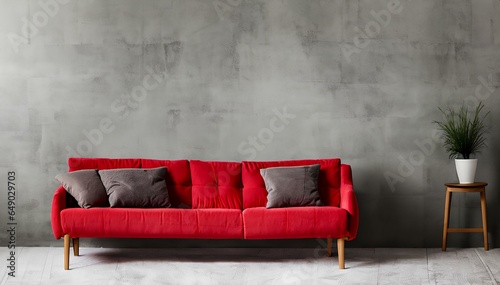 Red comfortable Sofa on Gray Rustic Concrete Wall with Space for Copy  © Eggy