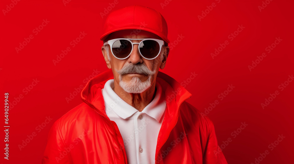 Fashionable senior wearing a red suit sunglasses and hat in red background Fashionable senior wearing a red suit sunglasses and hat in red background