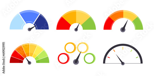 Set of speedometers concept. Indicators and gauge meters for dashboard. Infographics and data visualization, statistics. Cartoon flat vector collection isolated on white background