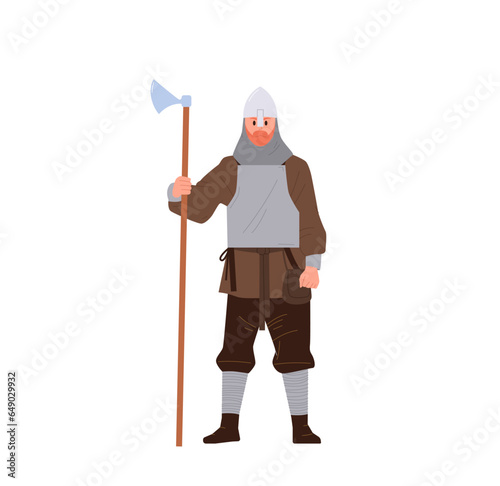 Viking guard man, warrior knight, ancient norwegian soldier cartoon character isolated on white
