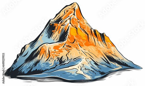 A cell-shaded style mountain peak showing the orange glow of sunlight beaming down on it's snow capped slope.