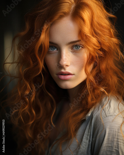 Female Elegance: Close-Up Portrait of a Redhead with Freckles. Generative AI