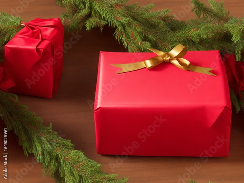 Christmas present gifts box on a wooden table. Generative AI. free Stock Photo