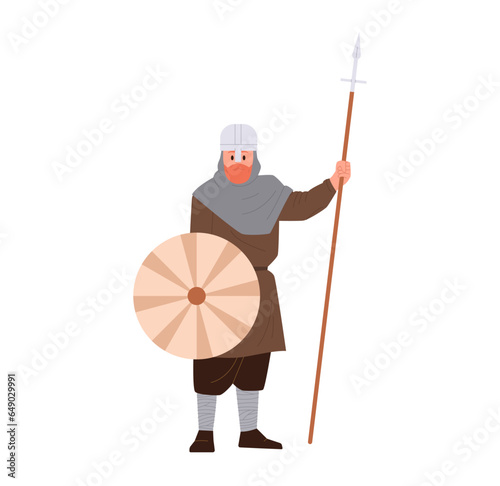 Viking medieval nordic soldiers with armor holding shied and spear peak cartoon male character
