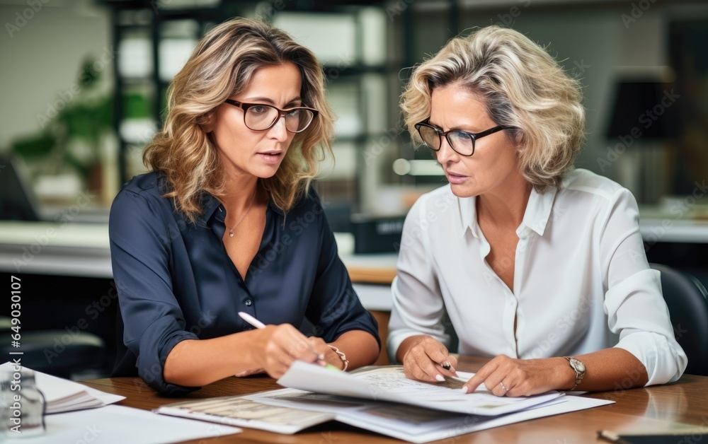 Fototapeta premium Mature business woman manager discussing documents looking at partner consulting client at office meeting. Generative AI