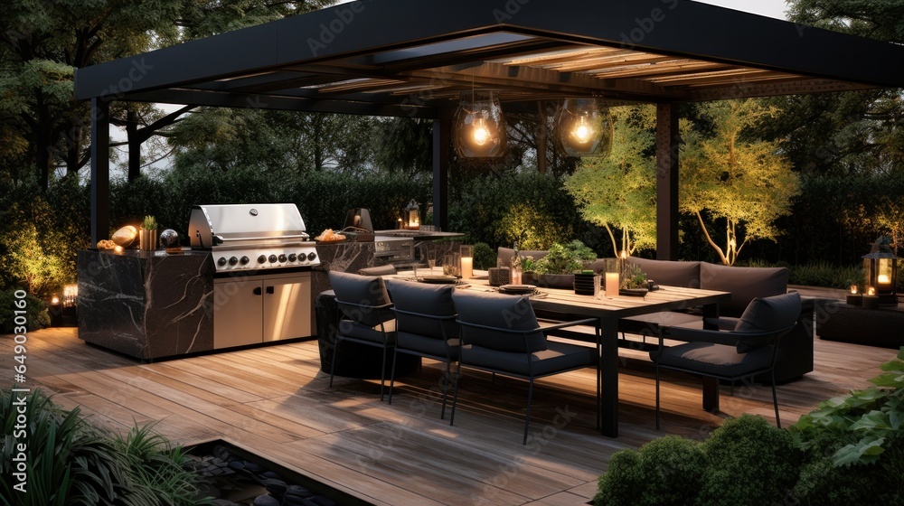 Fototapeta premium A black outdoor kitchen with plants on the deck