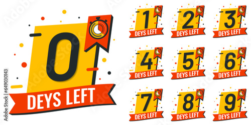 Days left number countdown set vector reminder calendar template with clock label logo illustration. 0, 1, 2, 3, 4, 5, 6, 7, 8, 9,