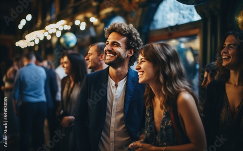 A group of people are laughing in an auditorium