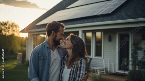 Couple in front of house with solar panels