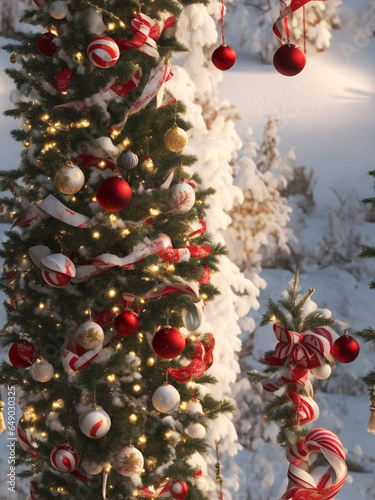 View of beautifully decorated Christmas tree. Generative AI. free Stock Photo