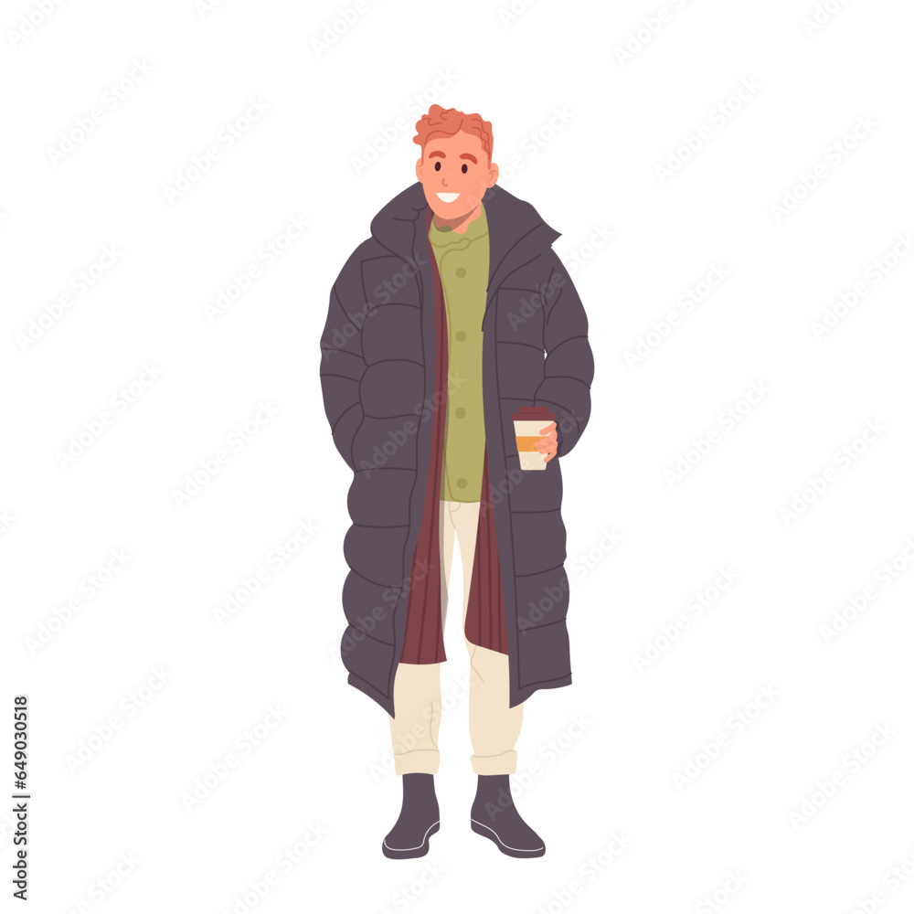 Fashion man character holding coffee cup wearing trendy casual down jacket for winter cold weather