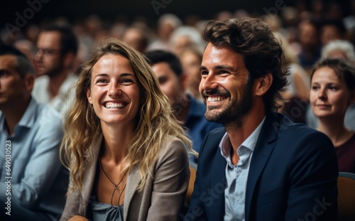 A group of people are laughing in an auditorium