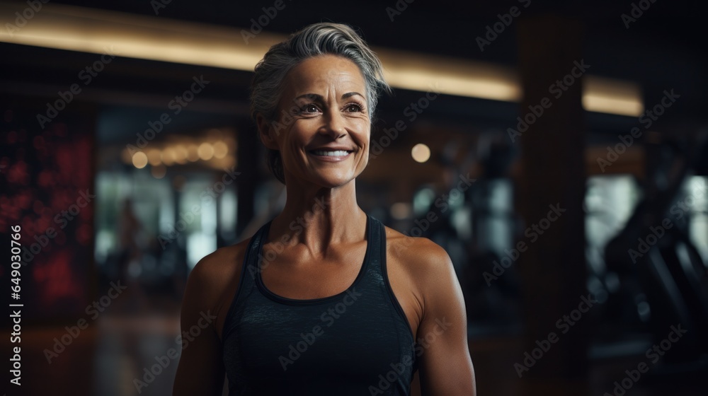 A beautiful senior woman is smiling in gym