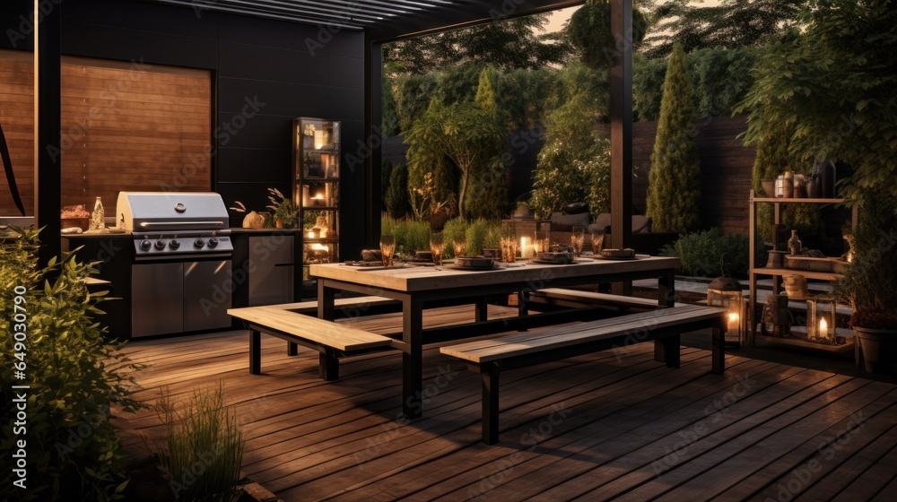 A black outdoor kitchen with plants on the deck