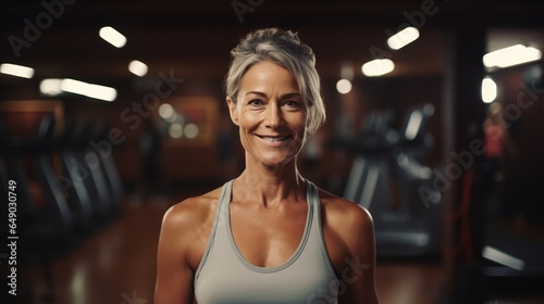 A beautiful senior woman is smiling in gym
