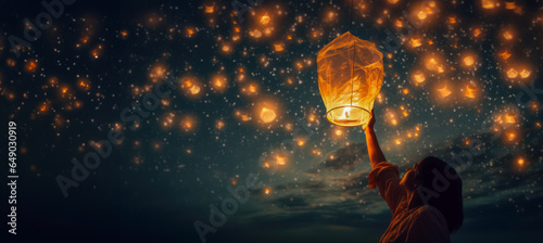 Embrace of Light concept: a girl releases a lantern into the night sky, symbolising the letting go of problems and the hope for the best.