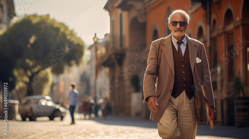 Senior grandpa wearing a fashionable suit in a side walk of Rome, standing full body portrait photo