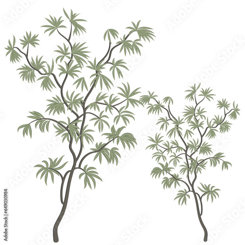 A drawing of two trees with green leaves