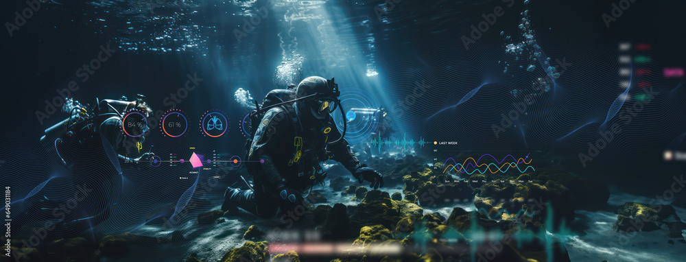 scuba drivers through tunnel under the ocean with fish and undersea life wonders around them as wide banner design with big copyspace area - obrazy, fototapety, plakaty 
