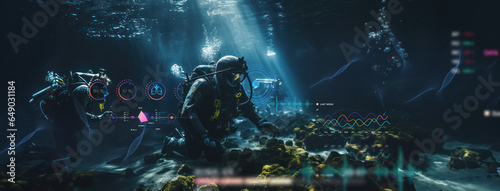 scuba drivers through tunnel under the ocean with fish and undersea life wonders around them as wide banner design with big copyspace area