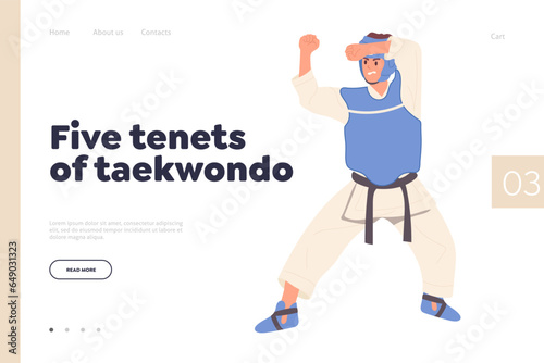 Five tenets of taekwondo inscription for landing page design template advertising martial arts class