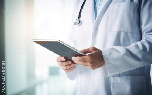 Male doctor holding tablet in his hands. Generative AI