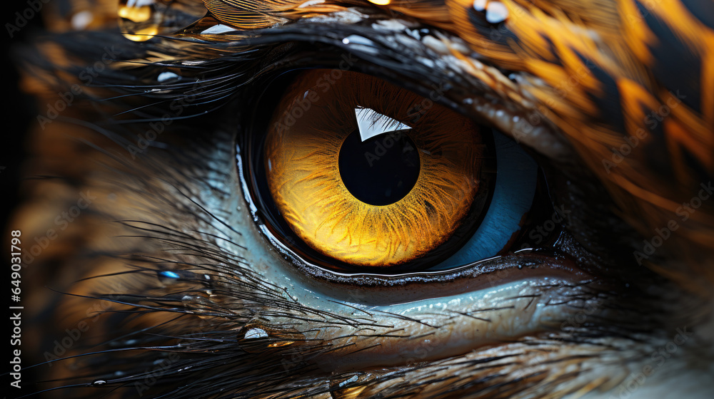 Owl eye close-up with macro detail - obrazy, fototapety, plakaty 
