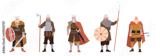 Viking warrior wearing armor and horned helmets holding different military weapon isolated set