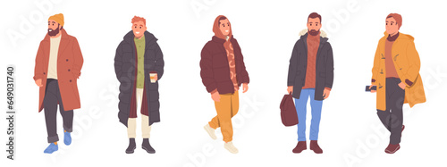 Isolated set of different male cartoon character wearing stylish street outwear and walking