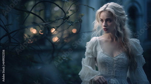 A ghostly blue-eyed girl in a tattered Victorian dress stands in the moonlit courtyard of an ancient ivy-covered mansion. Her hair is silvery white.